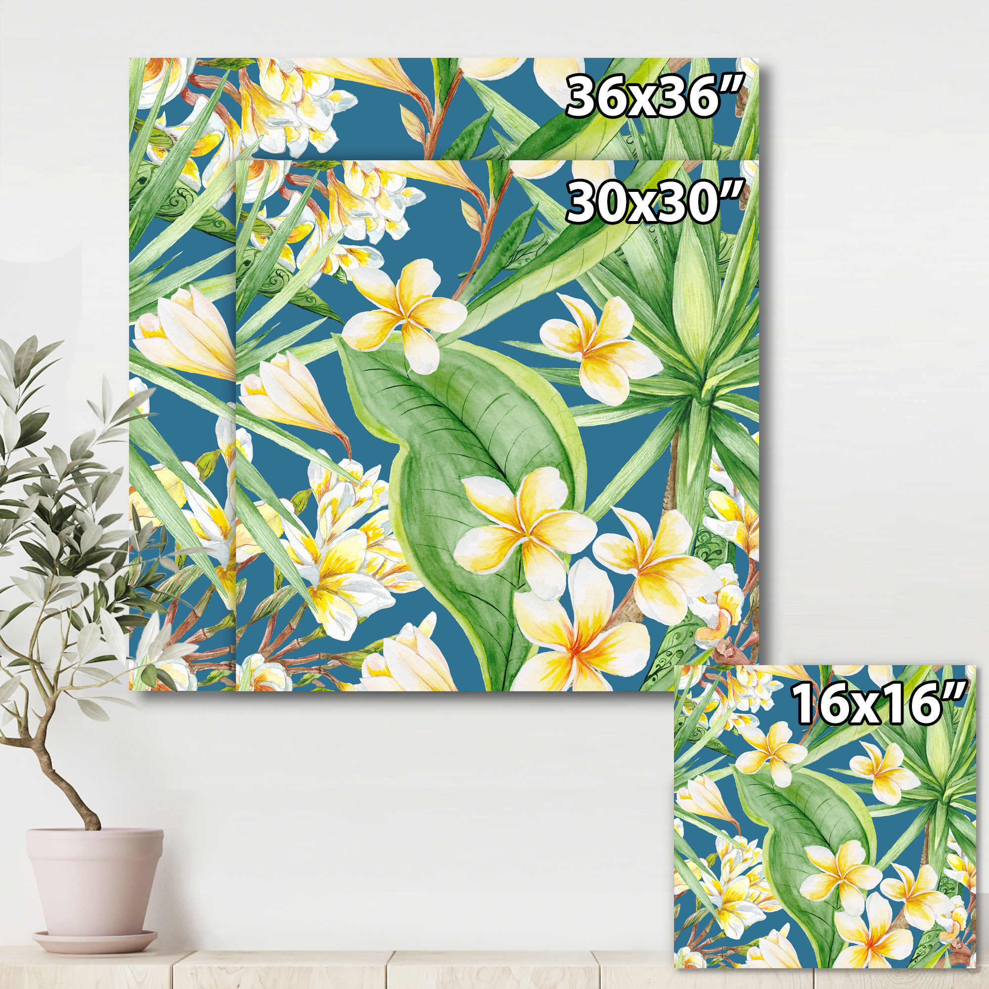 Designart ' Yellow Flowers and Tropical Foliage XV ' Modern Canvas Wall Art Print