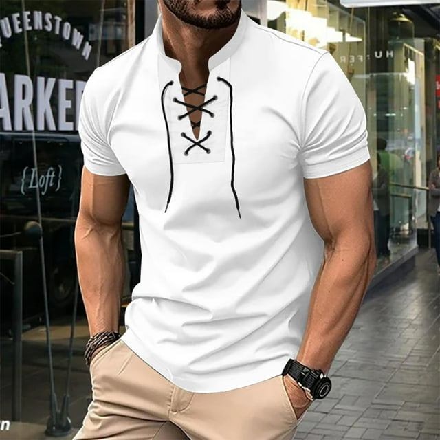 pstuiky camisetas camisas para hombre, Camisa deportiva de manga corta con cuello redondo y botones de color liso para hombre camisetas de hombre l