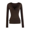 thumbnail image 5 of Stichou Long Sleeve Shirts for Women Lace V Neck Rib Knit Slim Fit Basic Tee Tops Casual T-Shirt Going Out Spring Fall Outfits Coffee S, 5 of 5