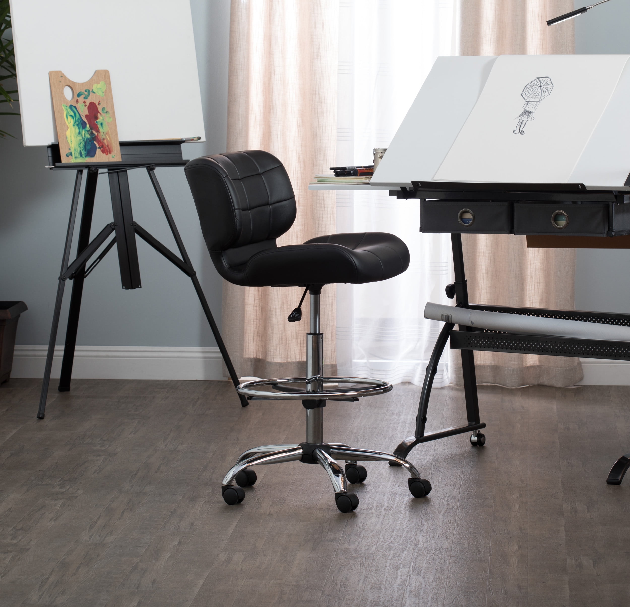 Studio Designs Drafting Chair with Footring in Black Faux Leather and ...