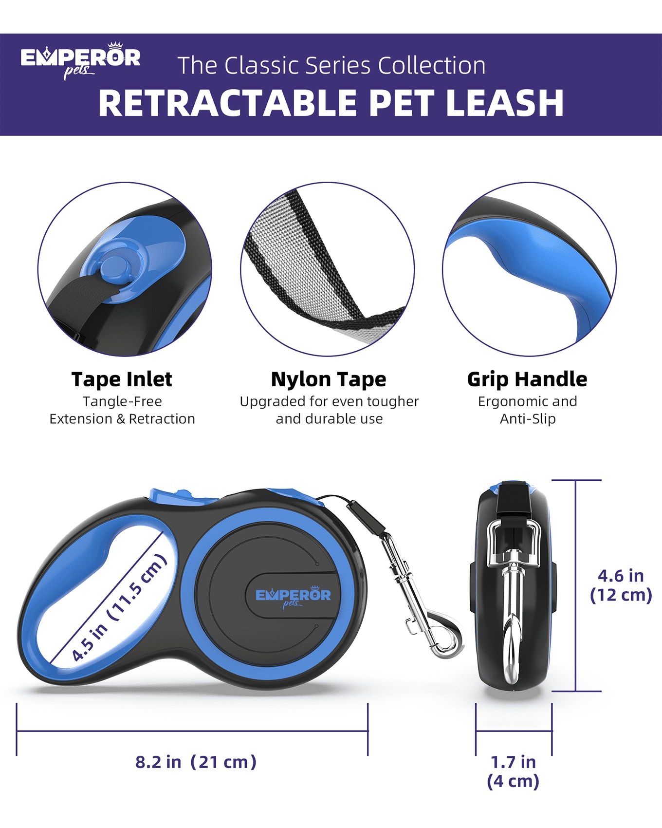 Emperor Pets 16 ft Retractable Dog Leash Small Dogs - Up to 44lbs, Small Dog Leash Heavy Duty Dog Leash Retractable 16 ft - Blue - BL16-20