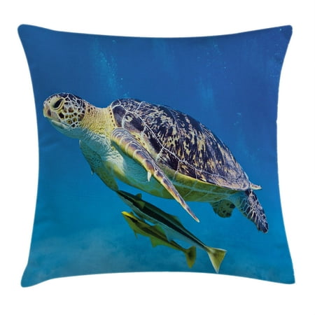 Turtle Throw Pillow Cushion Cover, Cute Angry Looking Sea Turtle Swimming with Remora Fishes Fauna Under the Sea, Decorative Square Accent Pillow Case, 16 X 16 Inches, Blue Yellow Brown, by Ambesonne