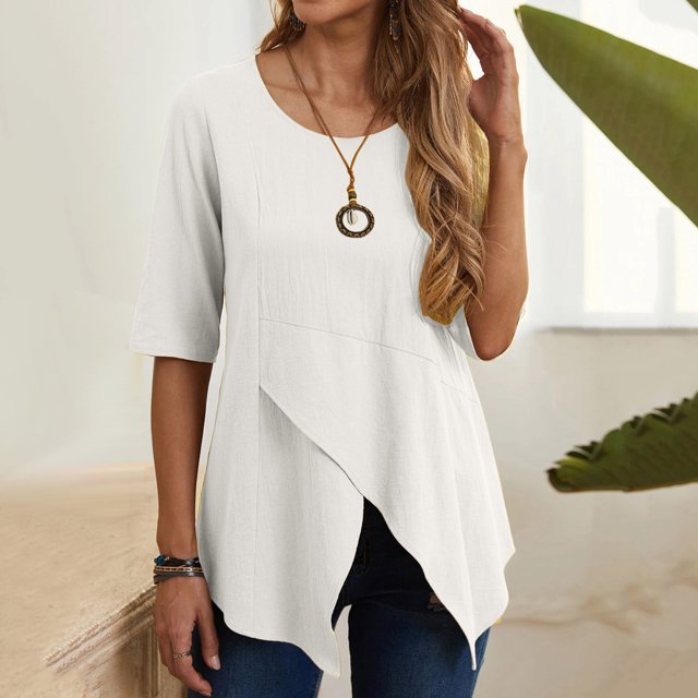 Hauts d'Été Grande Taille pour Femmes Hauts d'Été Décontractés Irréguliers à Col Rond Manches Courtes Chemise Ample Unie T-Shirt à Col en V pour Femmes en Liquidation