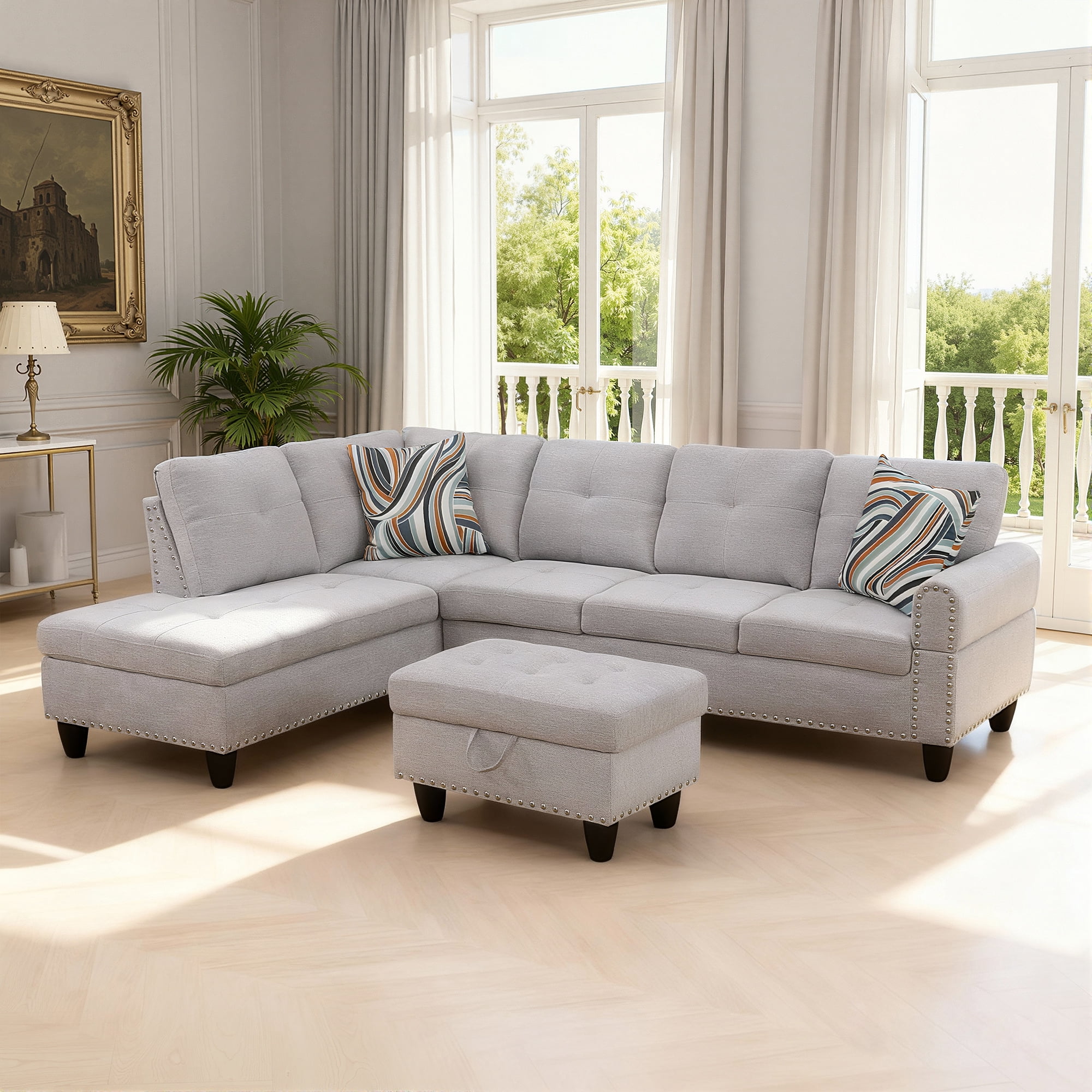 MAYEERTY 97" Modern Flannel 3-Piece Couch Living Room Sofa Set，Gray White