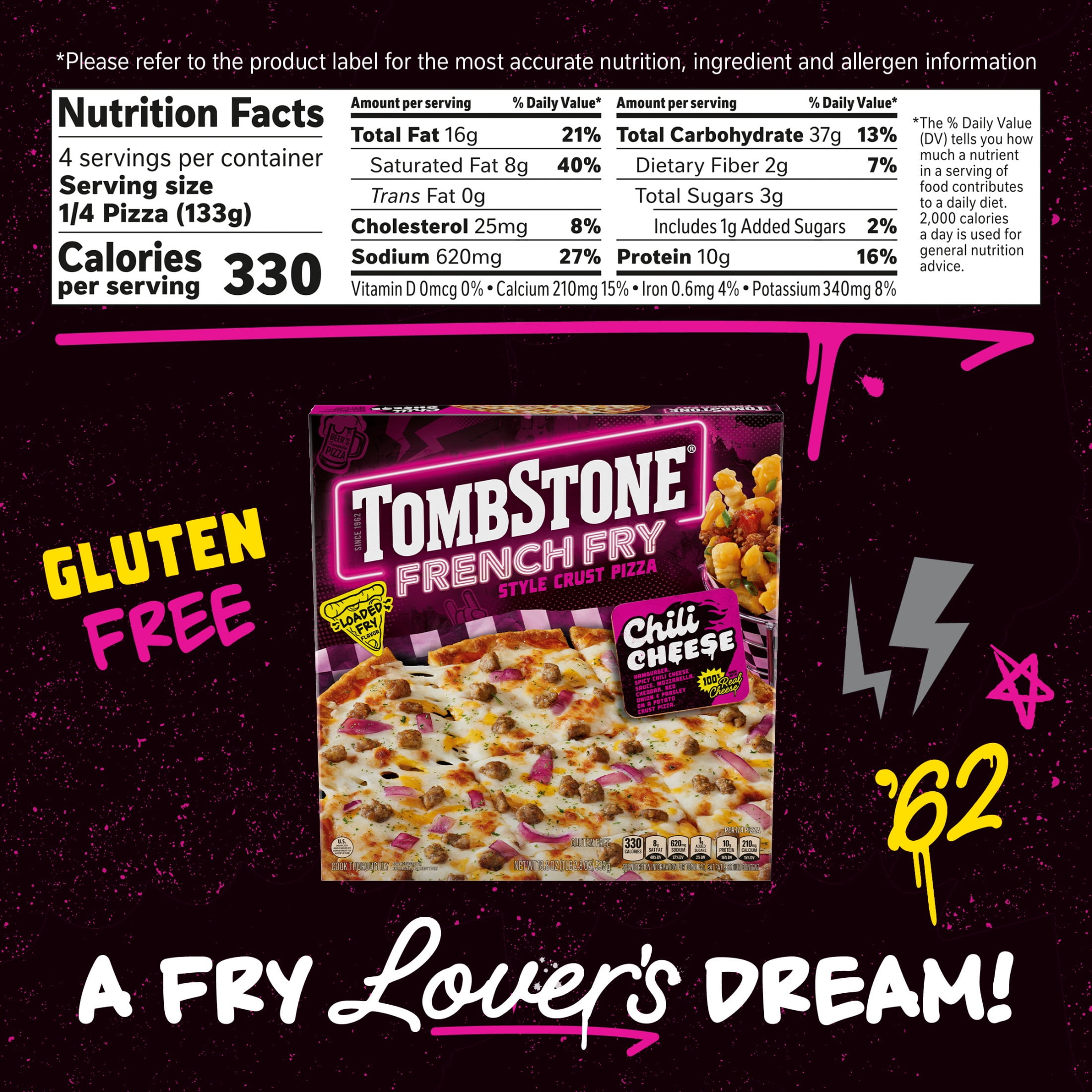 Tombstone French Fry Style Crust, Chili Cheese, Gluten Free Frozen Pizza, 18.8 oz (Frozen)