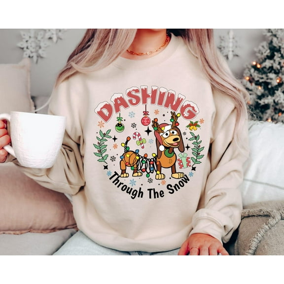 Dashing through The Snow Slink Dog Christmas Sweatshirt, Disney Toy Story Merry Christmas Sweater, Disneyland Family Christmas Trip Tee