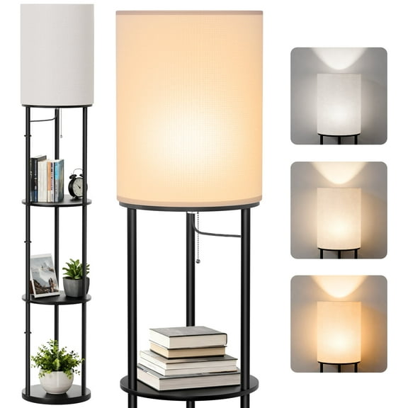 Foukus 63" Round Shade Floor Lamp with Shelves: Lamp for Living Room with 3 Adjustable Color Temperatures, Display Bookshelf for Home, Bedroom, Study - Black (Bulb Included)