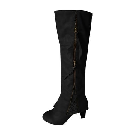 

Fesfesfes Cowgirl Boots for Young Ladies Round Toe High Heeled Thick Heeled Double Zipper Lace Stitching High US:7(39)