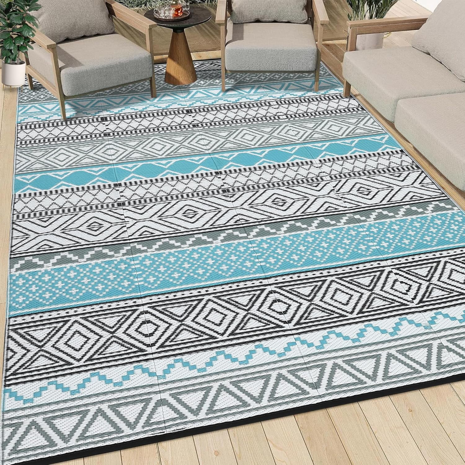 Twister.CK 9' x 18' Plastic Outdoor Rugs, Waterproof Bohemia Straw Rug Reversible Outside Carpet for Patio Deck Porch Backyard Camping Picnic Beach, Blue & Gray