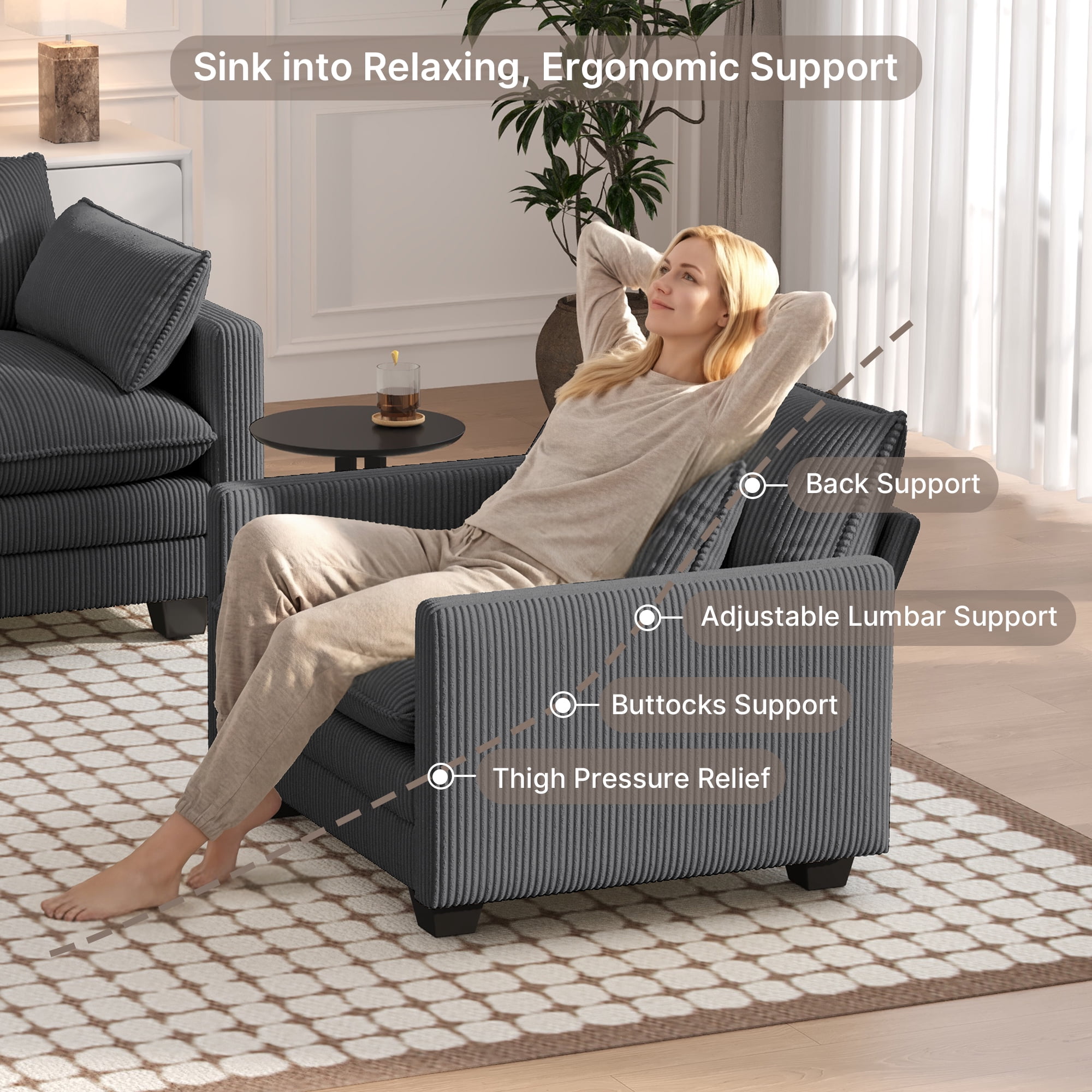 Cloud Accent Chair, Corduroy Single Sofa Chair, Cloud Deep Seat Armchair with Removable Washable Zipper Cover, Memory Foam Cushion with Pillow, Modern Leisure Lounge Chair for Living Room , Dark Gray