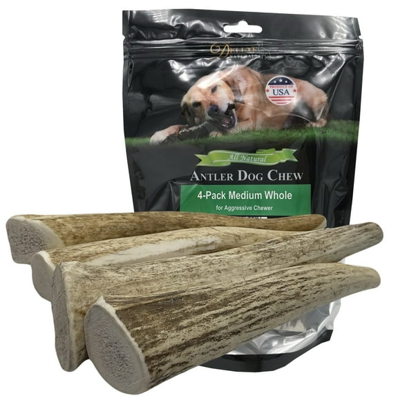Deluxe Naturals 4-Pack Medium Whole Elk Antler Dog Chews, Natural Long-Lasting Chew Treat for Small and Medium Dogs