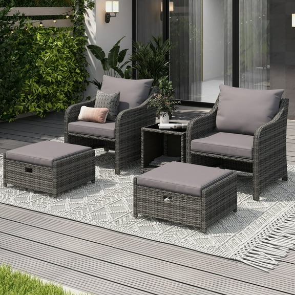 HOMREST 5 Piece Balcony Furniture, All Weather PE Wicker Rattan Patio Furniture Set, Cushioned Patio Chairs Set of 2 w/Ottoman&Table, Outdoor Lounge Chair for Lawn Pool Balcony