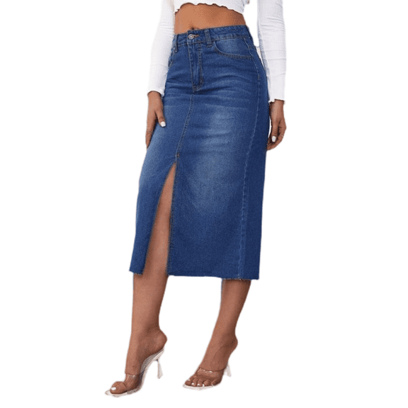 LYMAYTER Women Vintage Denim Skirt Mid-Length Split Hem A-Line Casual Classic for Jean Skirt S-2XL