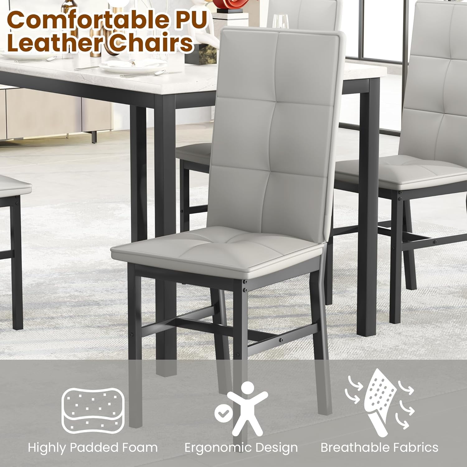 LinkRomat Dining Table Set for 4, Modern Faux Marble Tabletop and 4 PU Leather Upholstered Chairs, Kitchen Table and Chairs for Dining Room Breakfast Nook, Gray