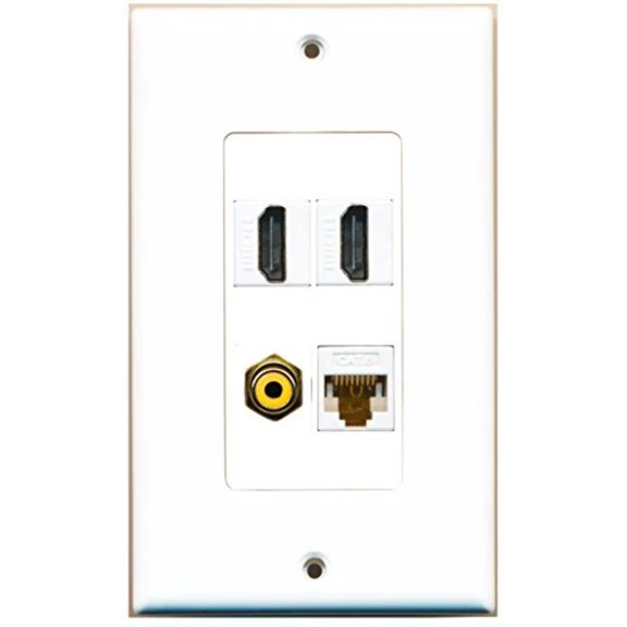RiteAV - 2 Port HDMI 1 Port RCA Yellow 1 Port Cat6 Ethernet White Wall Plate Decorative