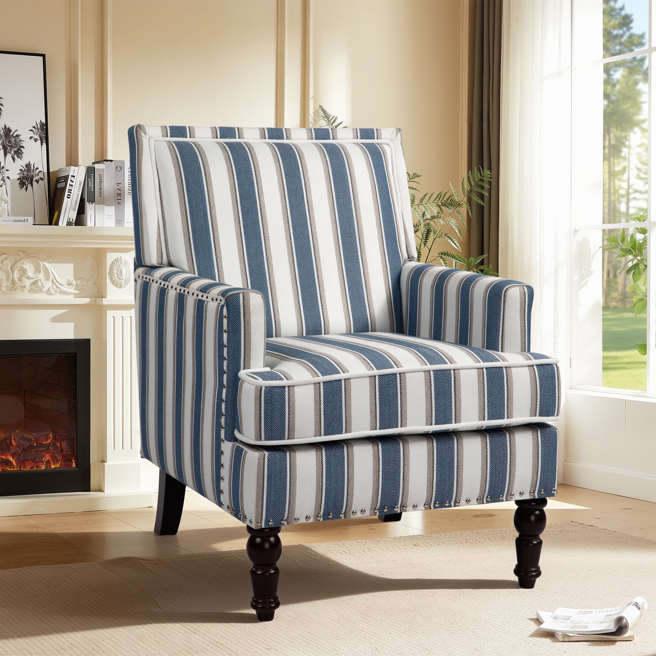 LEGAHOME Vintage Accent Chair, Upholstered Armchair with Nailhead Trim, Linen Fabric Arm Chair Comfort Reading Chair Lounge Chair for Living Room Bedroom Sunroom, Blue(1PC)