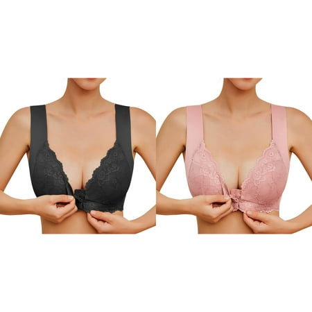 Rinsvye 2 Pcs Womens No Steel Ring Womens Wireless Bra French Womens Front Close Sports Bra Pack Bra T Back Plus Brassiere for Women Size Seamless Unlined Bra Molded Cup Sports Bra for Large Bust
