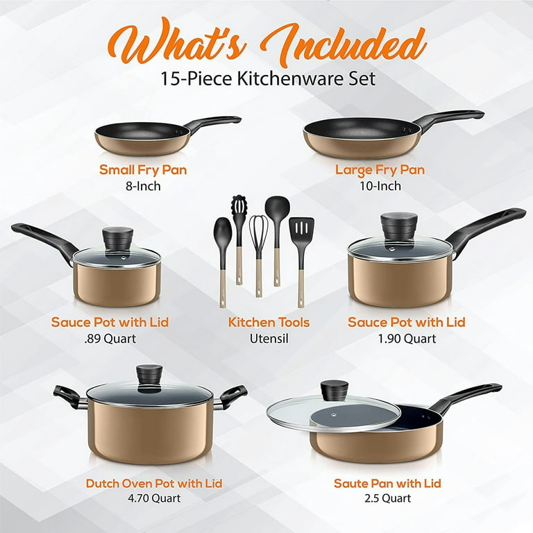 SereneLife 15 Piece Essential Home Heat Resistant Non Stick Kitchenware  Cookware Set w/ Fry Pans, Sauce Pots, Dutch Oven Pot, and Kitchen Tools,  Blue