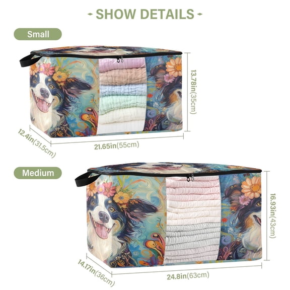 BZSMCE Under Bed Storage Bags With Reinforced Handles Fun Blossom Dog Underbed Storage