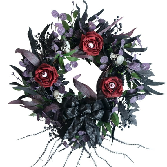 20 Inch Halloween Wreaths for Front Door Artificial Black Welcome Wreath with Pumpink Rose Skeleton Hand Indoor Outdoor Wall Holiday Decorations