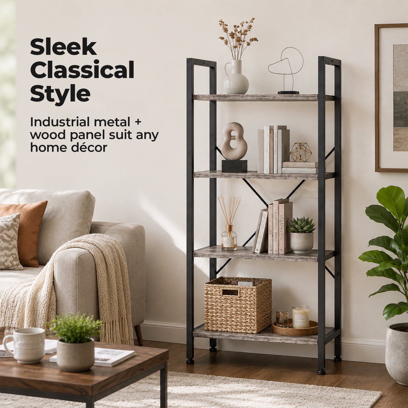 Alvantor 3/4-Tier Industrial Bookshelf, Narrow Storage Rack classical-style shelves for living rooms, homes, and offices