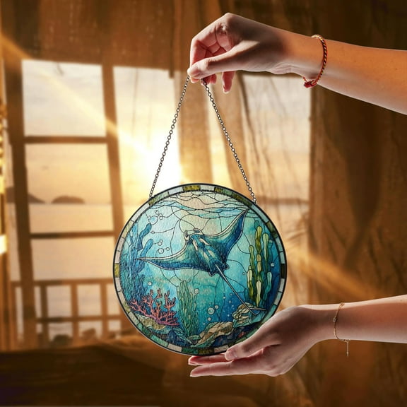 Ocean Manta Ray Stained Glass Suncatcher, Underwater Coral Reef Window Hanging Decor, Sea Life Marine Decor Gift