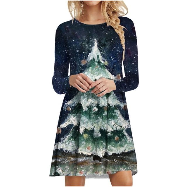 Vestidos de Navidad Para Mujer Moda Navidad Árbol de Navidad Estampado de Manga Larga Vestido de Cuello Redondo Odeerbi ODB199978