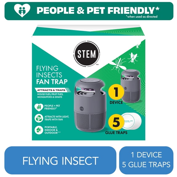 STEM Flying Insect Fan Trap, Rechargeable, Portable Indoor & Outdoor Mosquito, Gnat and Fruit Fly Trap with Timer, Pet-Friendly, Starter Kit Includes 1 Device 5 Glue Traps