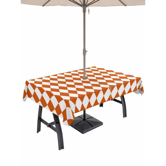 Outdoor Tablecloth with Umbrella Hole for Patio/Picnic/Party/Camping, Orange Plaid Waterproof Table Cloth Rectangle Table Cover Washable, Modern Minimalist Geometric Gingham Checkered (60"x 102")