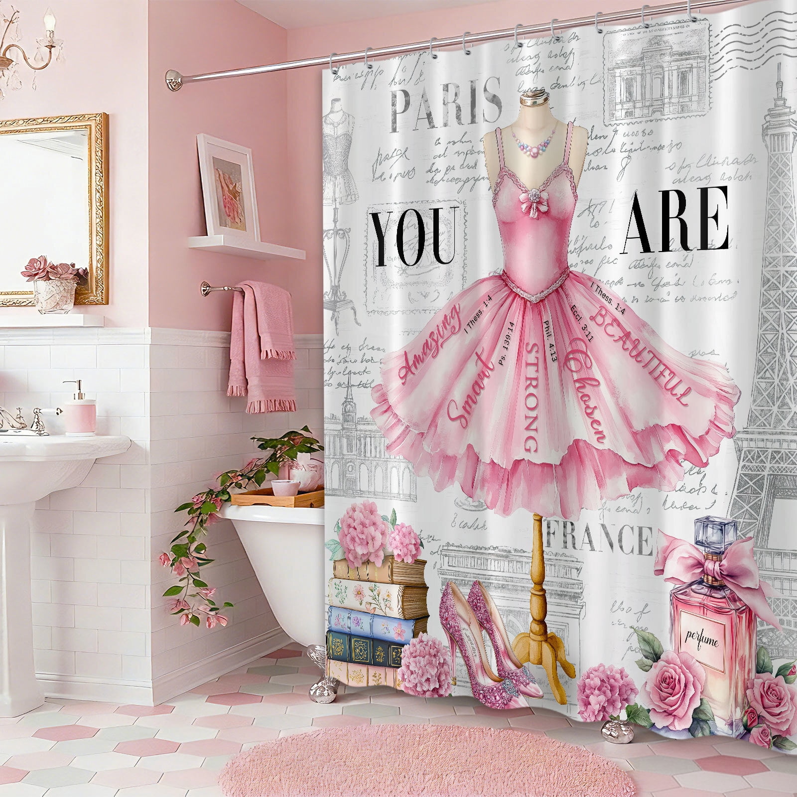 Pink Girly Dress Shower Curtain, Fashion Modern Ballet for Girls Women Bath Curtain, Eiffel Tower Paris Perfume High Heels Makeup Bathroom Decor Fabric Polyester Waterproof 12 Pack Hooks,70X85in