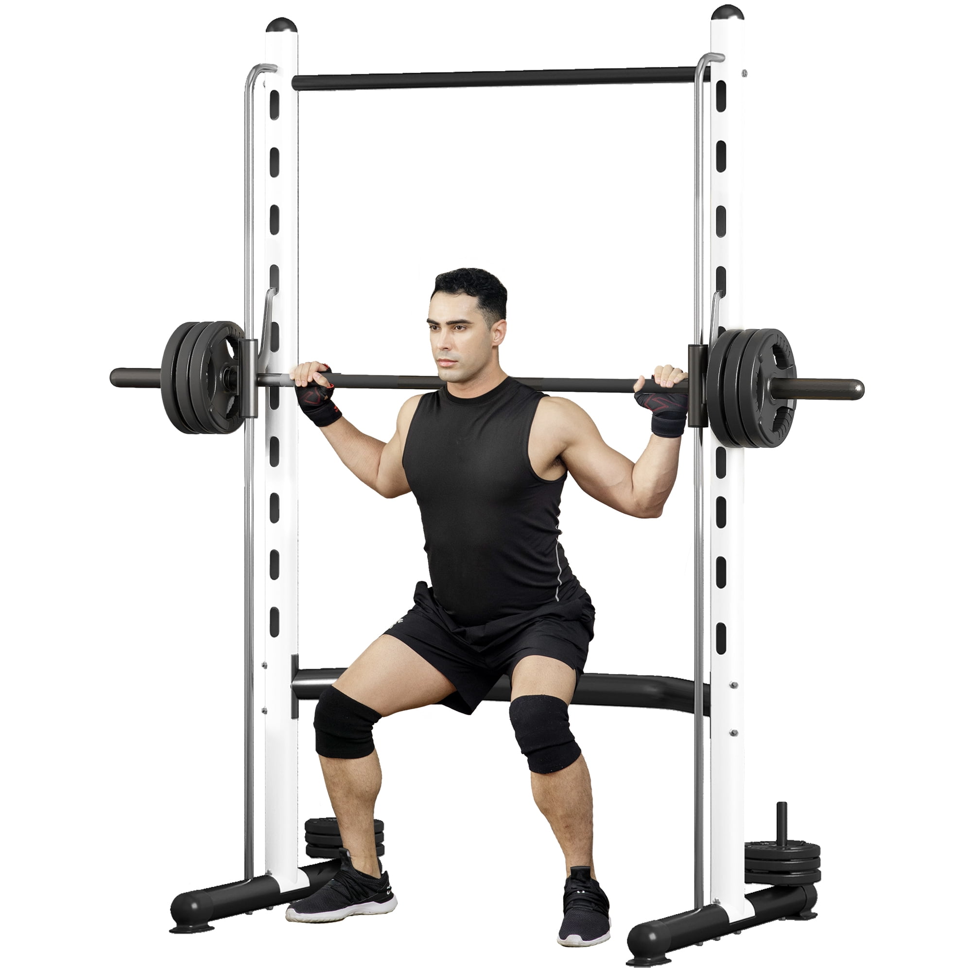 Soozier Adjustable Squat Rack with Pull Up Bar and Barbell Bar, Multi-Function Bench Press Weight Lifting Equipment, White