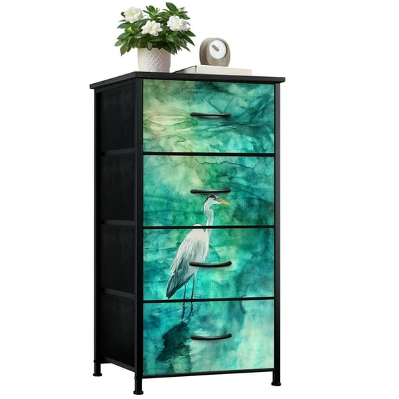 Dresser for Bedroom with 4 Storage Drawers Artistic Watercolor Heron Teal Pond Ethereal Glow Portrait Dressers Chest of Drawers Steel Framed Fabric Closet Organizers for Entryway Home Decor