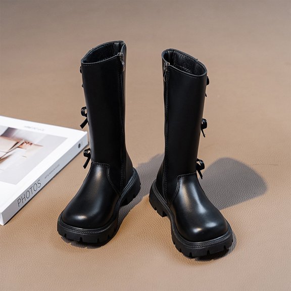 Willtoo Girls Bow Knee-High Boots With Zipper Fashionable Round Toe Soft Lug Sole Non-Slip Cute Mid-Calf Boots Casual Walking Shoes