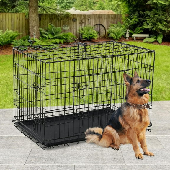 Dkelincs 42" Dog Crate for Medium Large Dogs, Metal Folding Dog Cage & Dog Kennel with Double Doors & Removable Tray & Handle, Black