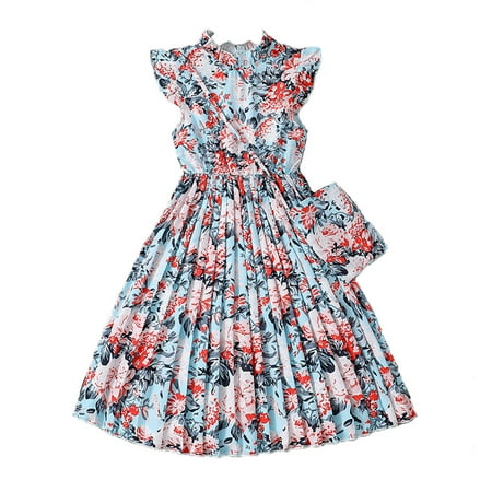 

XIEULQP Baby Girl Clothes Girls Big Kids Summer Sleeveless Floral Print Princess Dresses Dresses 7 12 Years Old Summer Dress Blue