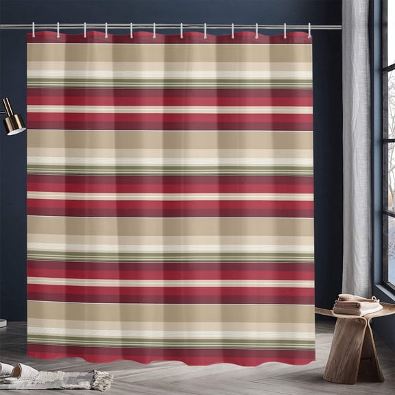 Extra Long Fabric Summer Red Strip fabric Shower Curtain Modern Simple Aesthetic Art Fabric Shower Curtains for Bathroom Decor, Waterproof Cloth with 12 Hooks, 72x84 Inch