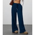 thumbnail image 6 of Women'S Wide Leg Ribbed Knit Pants Drawstring Waist Low Rise Casual Long Trousers Navy Blue XXXL, 6 of 9