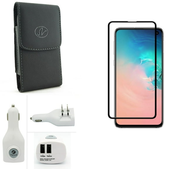 Galaxy S10e Case Belt Clip w Car Home Charger w Screen Protector - Leather Holster Cover, 2-Port USB 2-in-1 Power, Tempered Glass 5D Curved Edge for Samsung Galaxy S10e Phone
