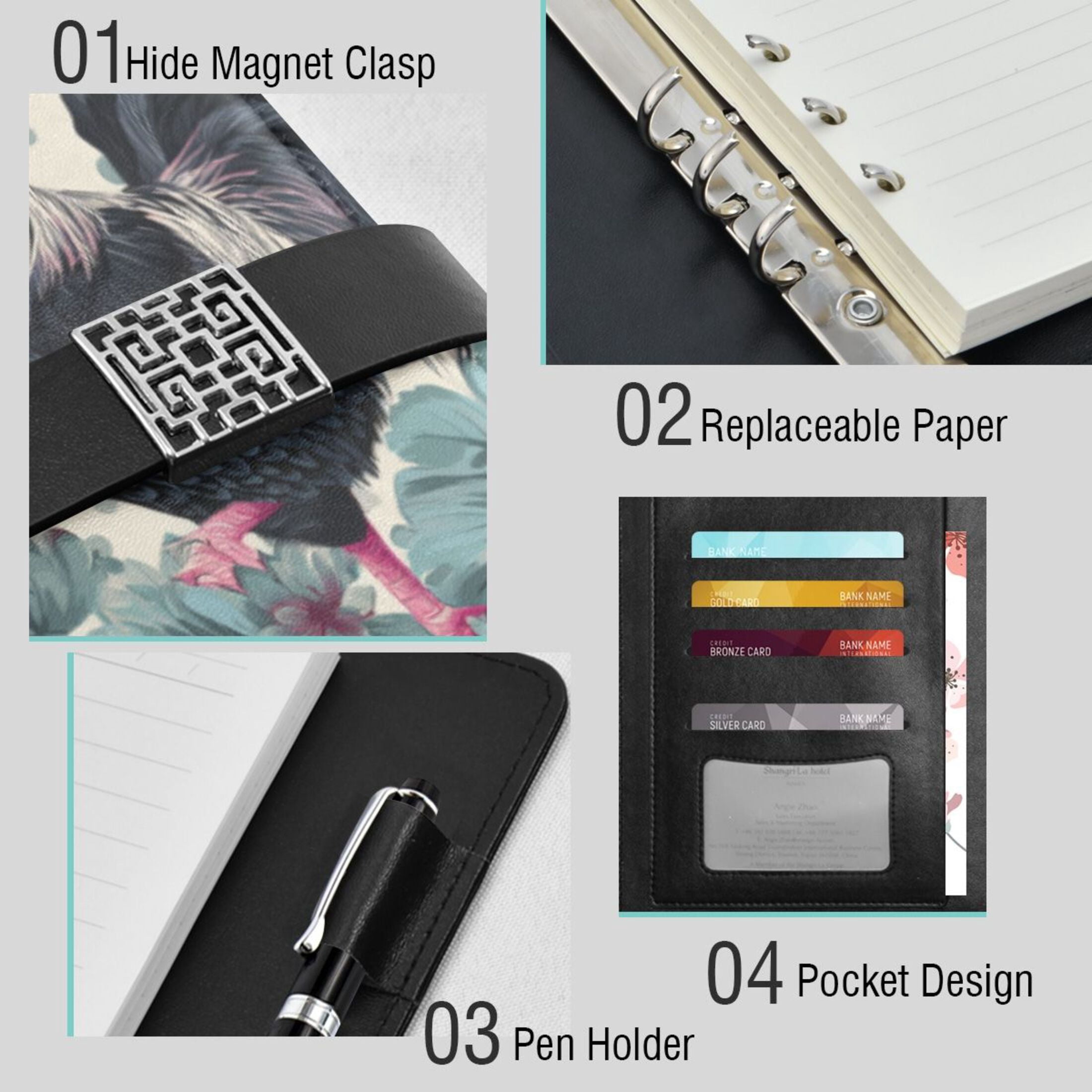 Leather Planner Leather Notebook Notebook Journal Binder Design Pen Pocket Design Convenient for Storage Seamless Pattern Roosters