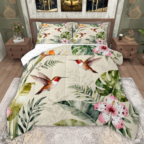 jejeloiu Kawaii Cute Hummingbird Twin Comforter Sets,Tropical Monstera Leaf Bedding Set For Girls Teens Reversible 2-Piece