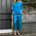 thumbnail image 3 of Cuhas.CA Tenues d'Été pour Femmes Ensemble Haut et Pantalon à Manches 3/4 en Coton Lin Col Rond Décontracté, TG, 3 of 8