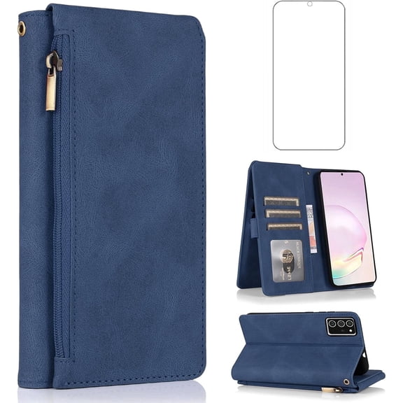 Asuwish Wallet Kickstand Hard Shell Cell Phone Case with Tempered Glass Screen Protector for Samsung Galaxy Note 20 Ultra 5G, Blue