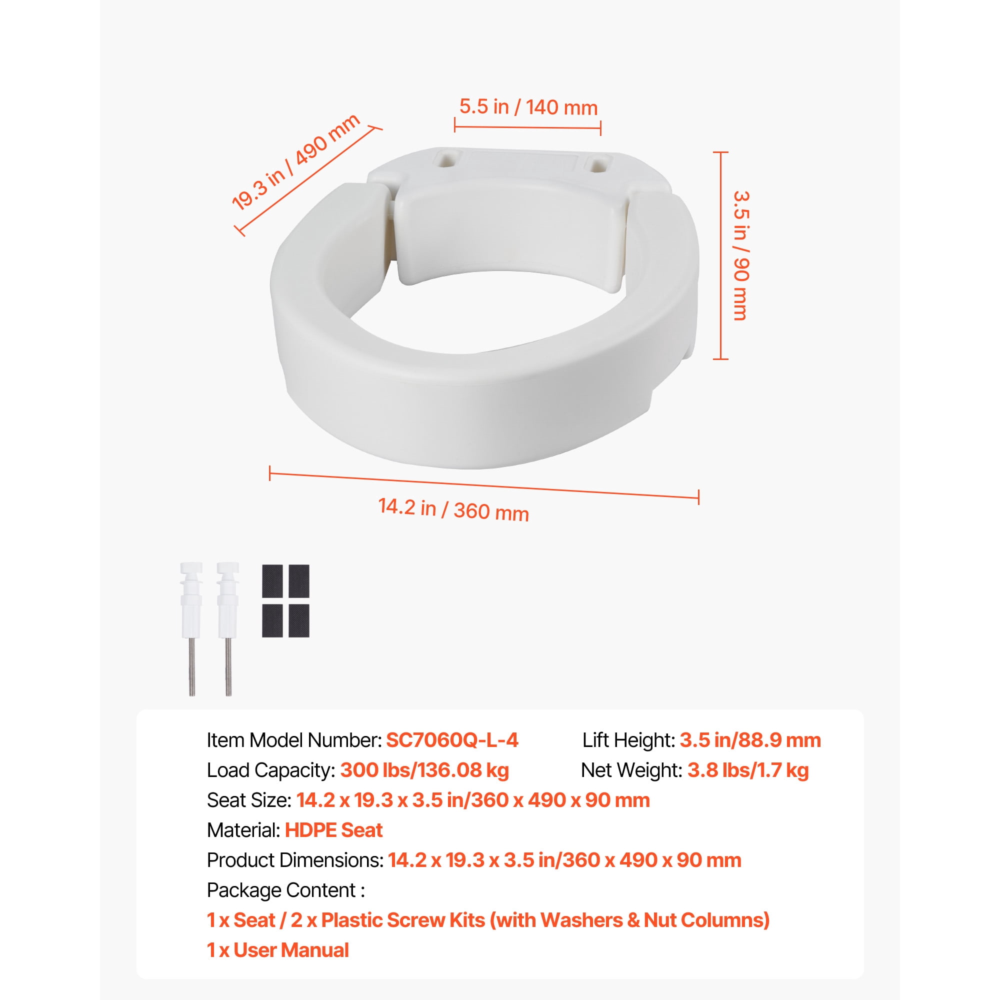 KFFKFF Raised Toilet Seat with 300 lbs Capacity, 3.5-Inch Height Increase, Enlarged Opening for Seniors, Adults, and Individuals with Disabilities, Compatible with Elongated Bowls
