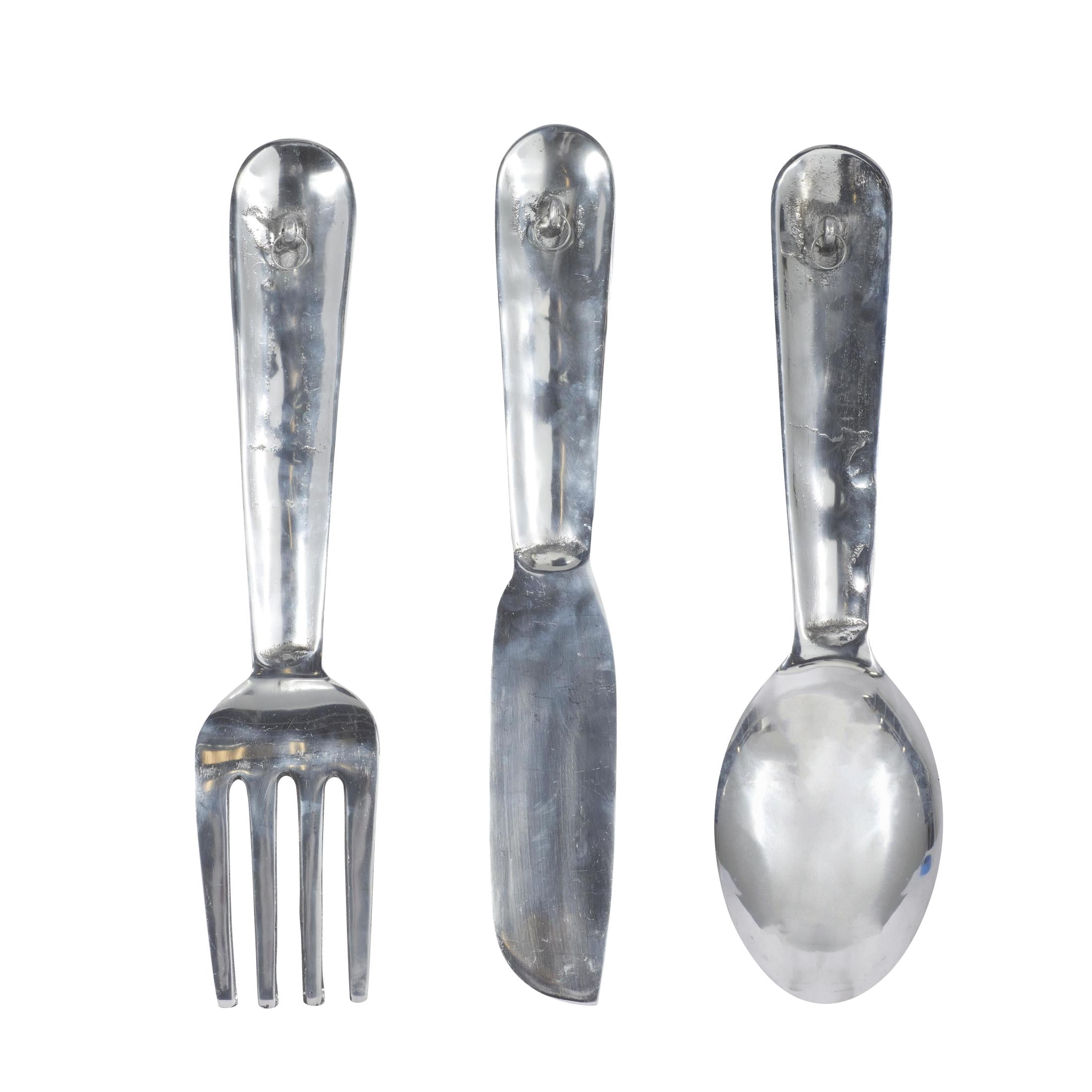 DecMode Silver Aluminum Metal Hammered Knife, Spoon and Fork Utensils Wall Decor (3 Count)
