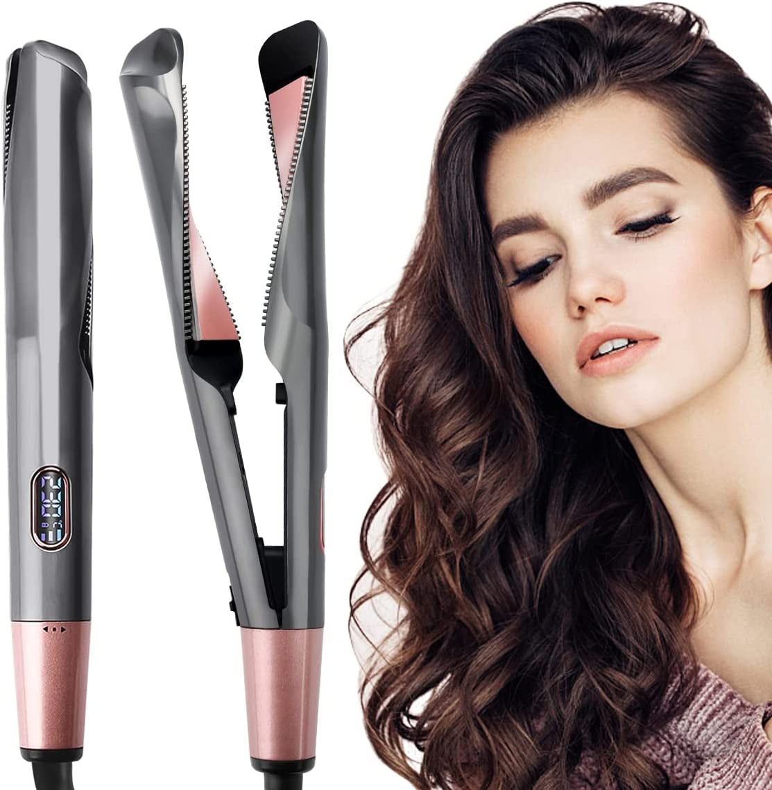 Hair Straightener, Hair Straightener Curler 2 in 1 Hair Straightener, Curl Iron, Professional Straightener Wide Plate Tourmaline Ceramic LCD with Adjustable Temperature 140 -230 ℃, Fast Heat Up（EU Reg