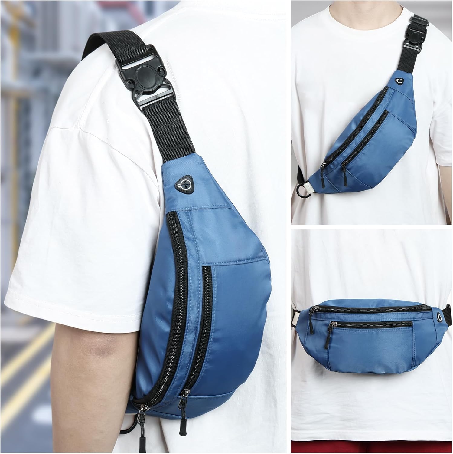 Kwuty 10PCS Crossbody Fanny Pack Large Capacity Waist Bag with Hidden Zipper Pockets Adjustable Strap Fanny Packs Waterproof Oxford Cloth Travel Belt Bag for Outdoor Shopping Travel Men Women,Black