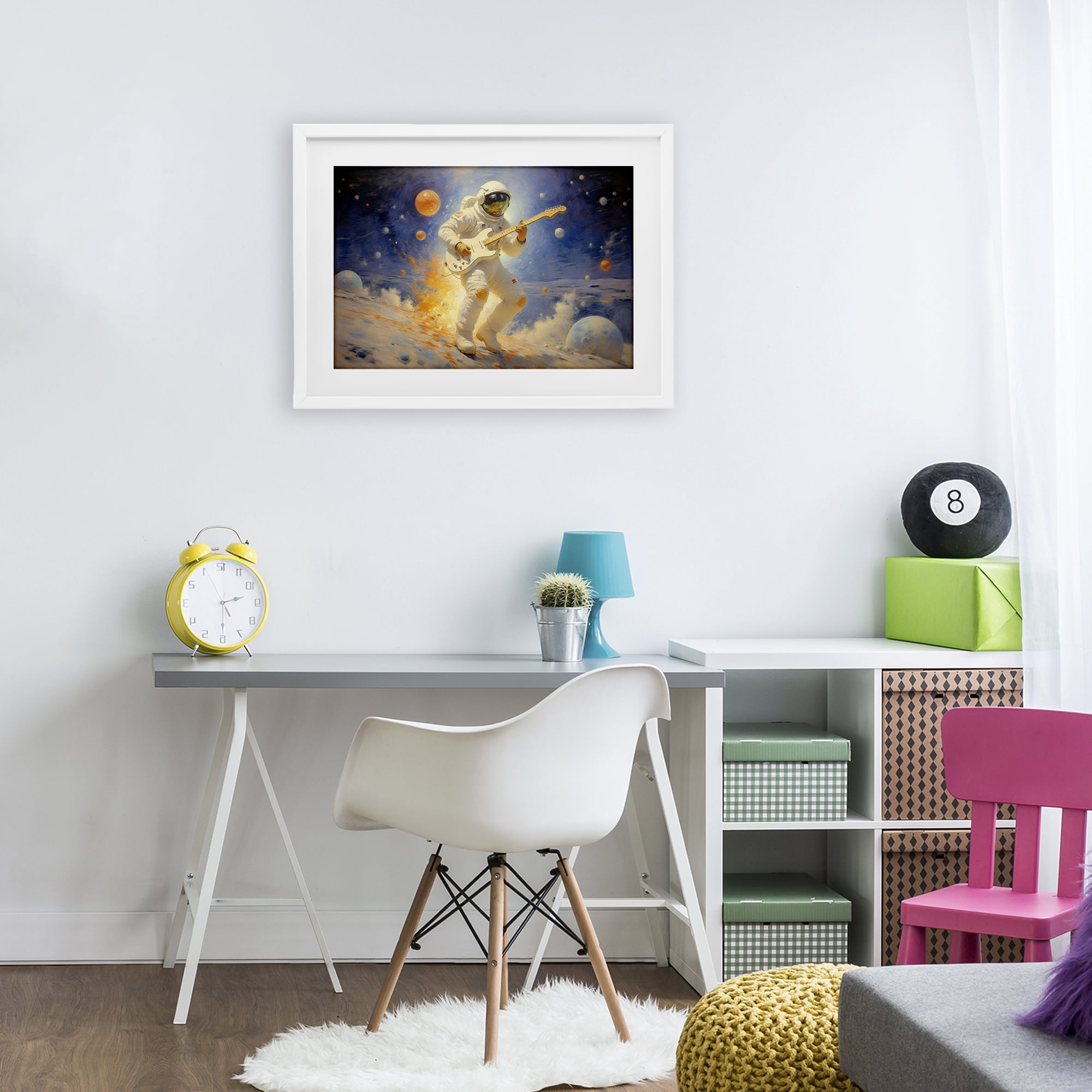 Space Astronaut Musician White Framed Print Under Glass, design by Angie Hawke