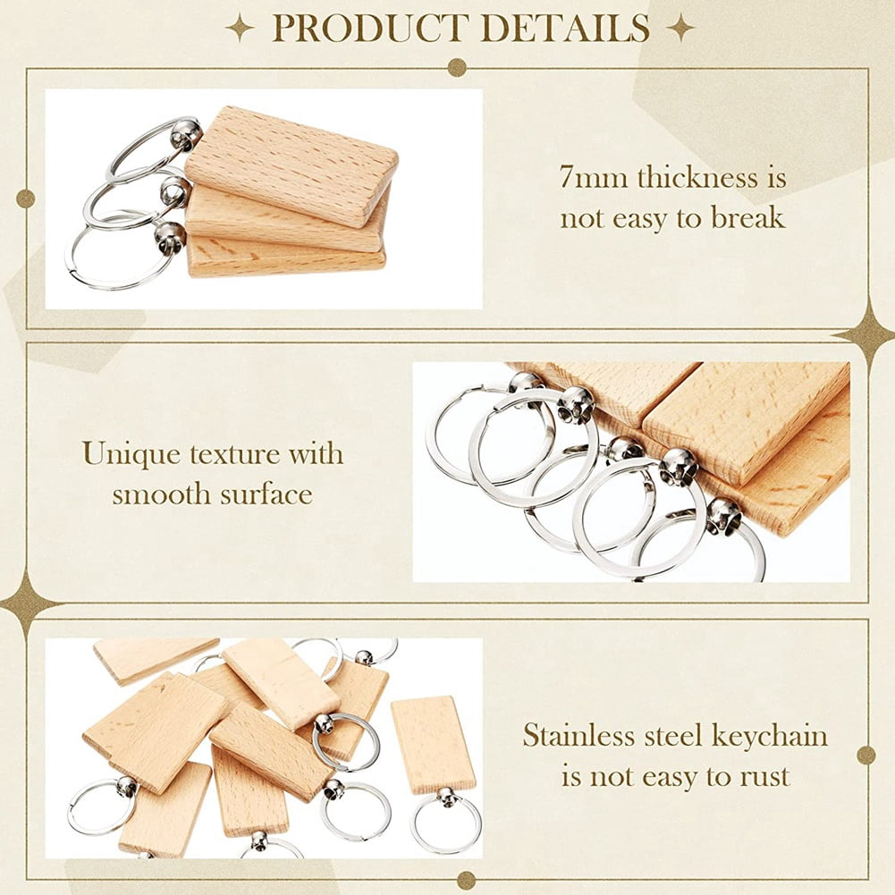 100Pieces Wooden Keychain Blanks Bulk Rectangle Wood Engraving Unfinished Key Ring Tag A
