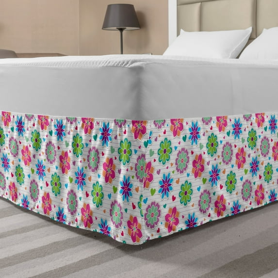 Retro Bed Skirt, Notebook Style Backdrop with Lively Colored Chamomile Flowers and Little Hearts, Elastic Bedskirt Dust Ruffle Wrap Around for Bedding Decor, 4 Sizes, Multicolor, by Ambesonne