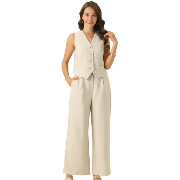 DARING DIVA Women's Button Front Vest Wide Leg Pants Matching Sets XS Apricot